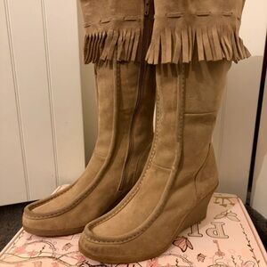 Zara Tan Suede Fringe Wedge Boots
